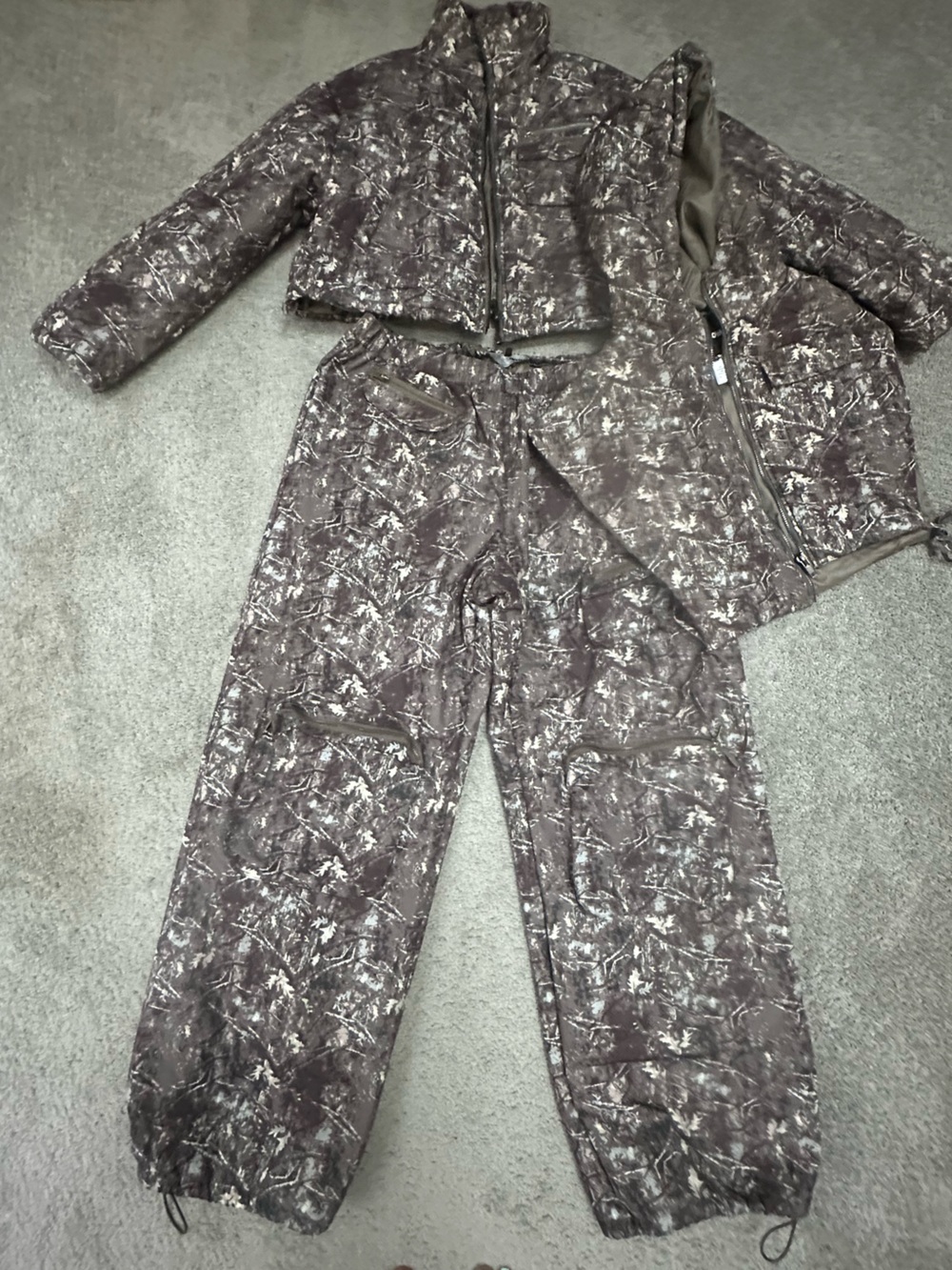 Fashion Nova Women's Brown Camo Print Puffer Jacket, Vest & Pants Set